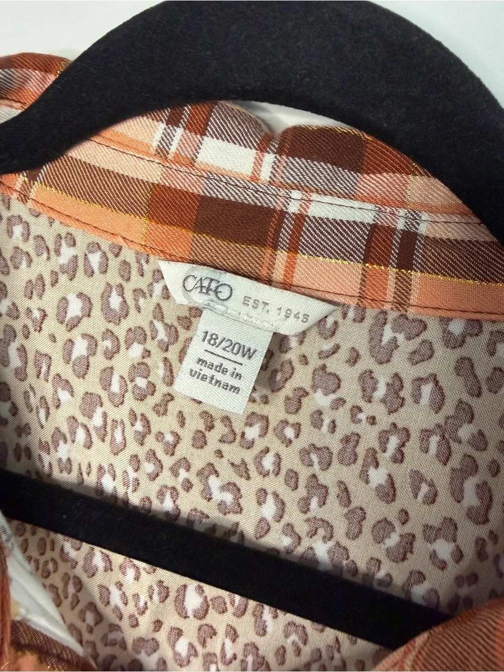Cato Plaid & Leopard Mixed-Print Button Front Blouse - Rust/Tan - Picture 5 of 7